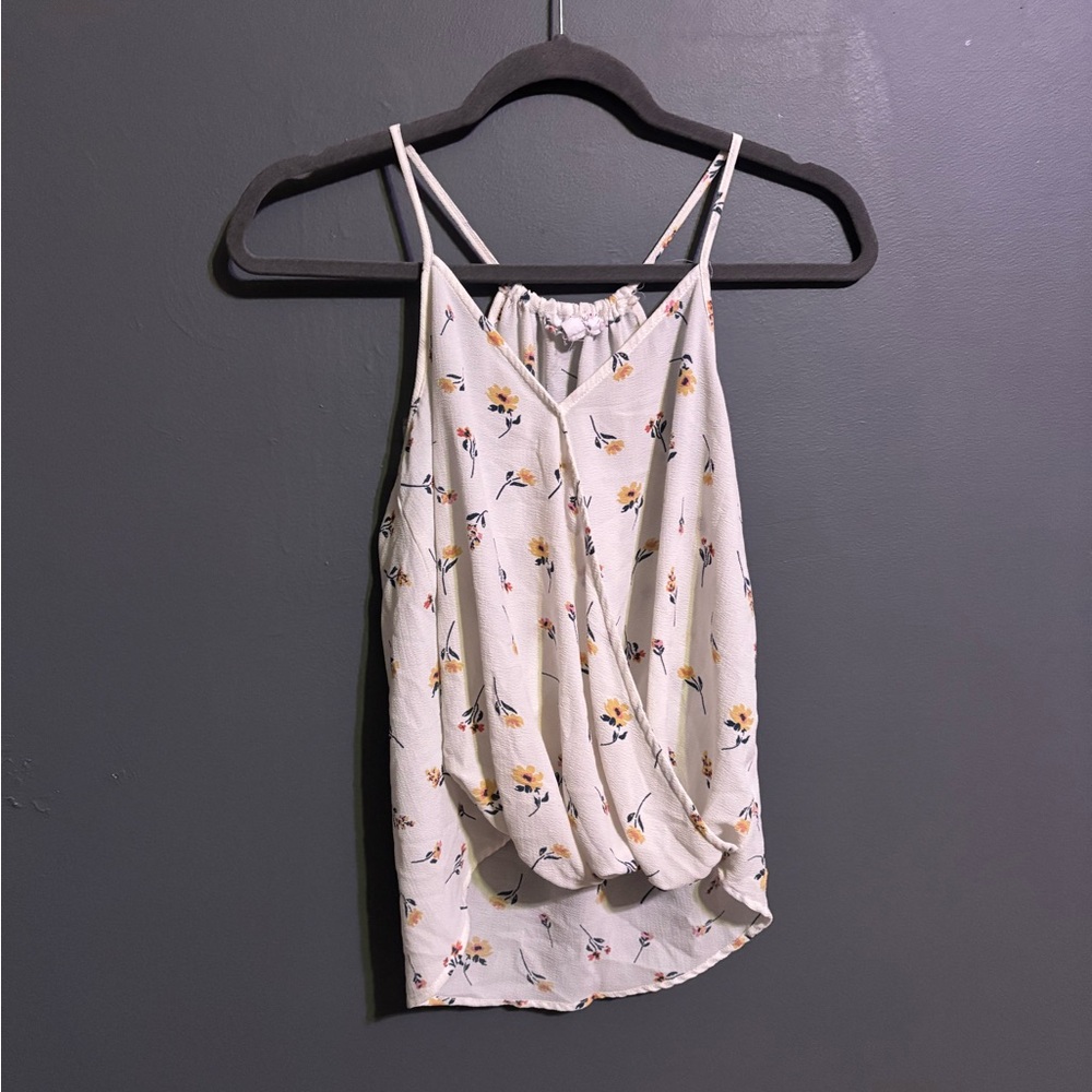 pink rose white floral tank top with bubbled fold over look hem size small